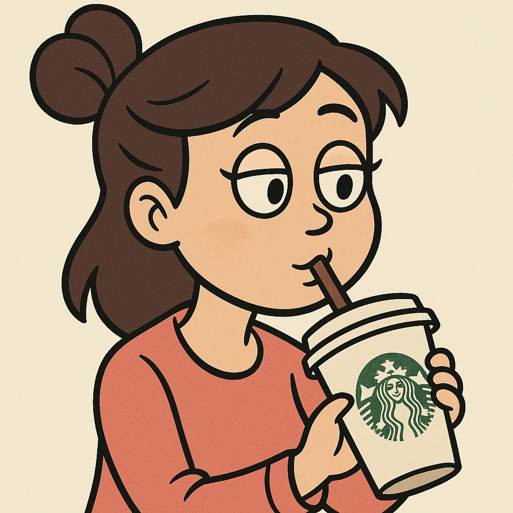 Japanese girl drinking a Starbucks coffee, simple cartoon style, light background emoji