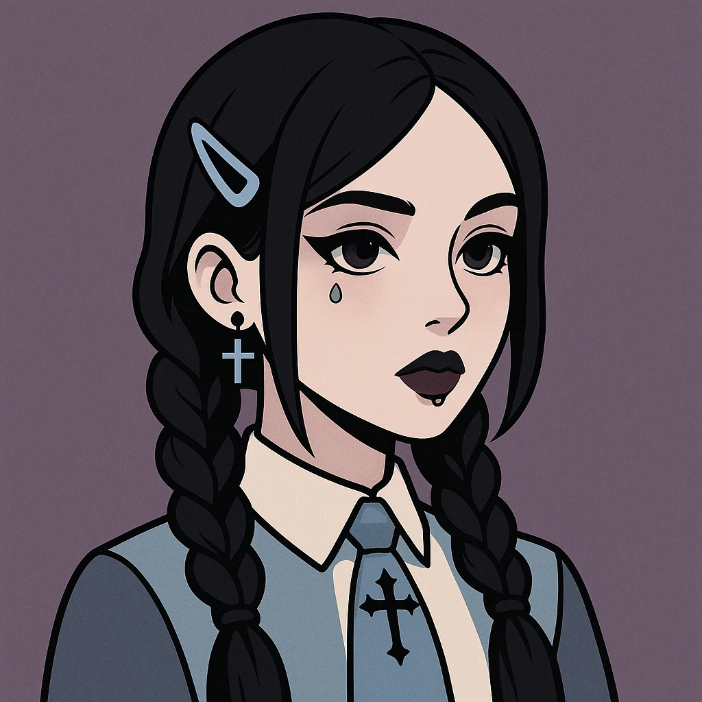 Make this pastel goth profile picture more goth, keep it cute, expressive, and minimal, in the style of imagen-4-fast-KaUtLiSA10F. Enhance goth elements with subtle dark tones and pastel goth aesthetics while maintaining cuteness and expressiveness with minimalistic design. emoji