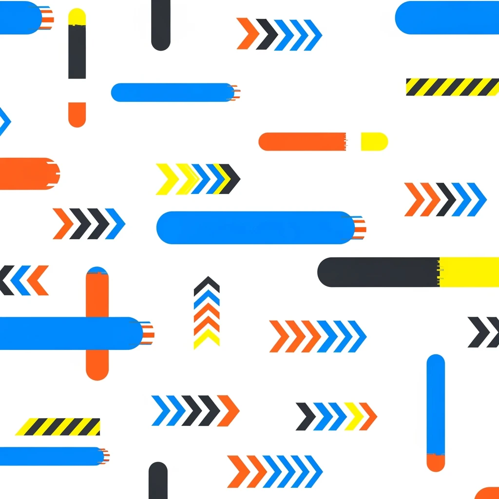 a graphic design wallpaper with various sizes of brightly colored glitchy oblong rectangles, various repeating stylized arrows, and caution bars stripes - neobrutalist glitchpunk linear, perfect angles, SPARSE MINIMALISM emoji