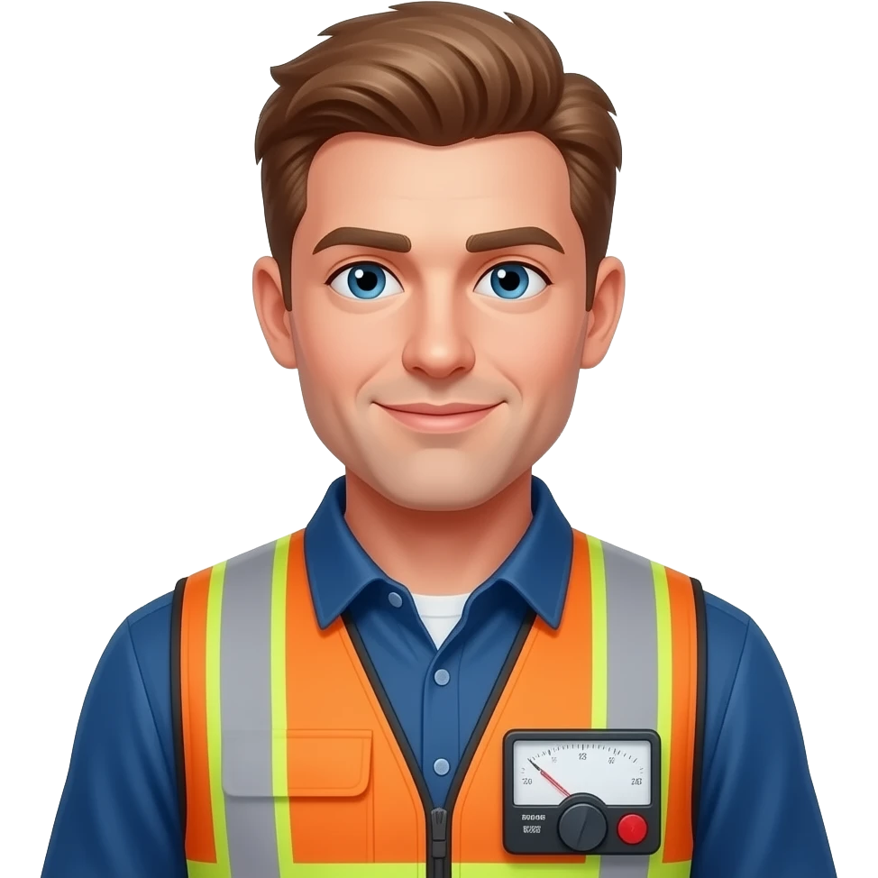 male electrician light hair with electrical meter wearing coveralls and safety vest emoji