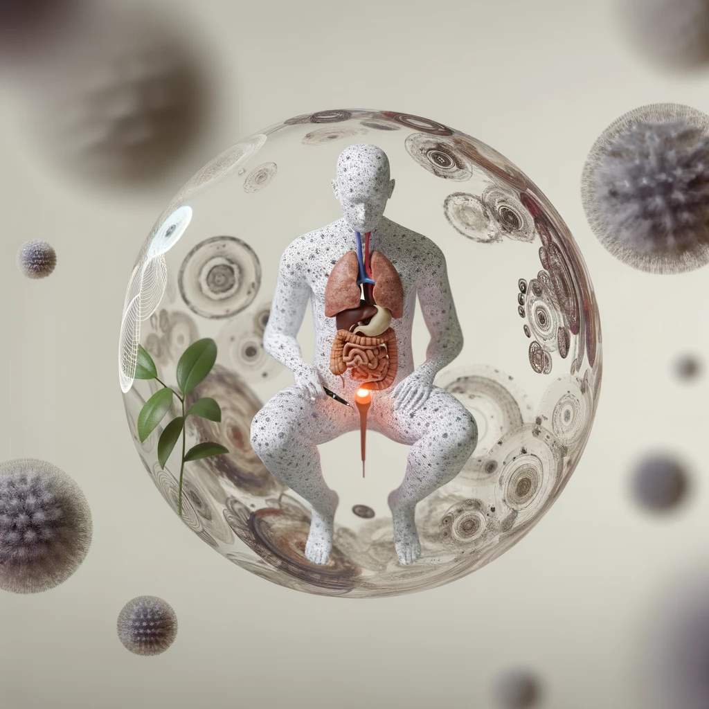 CORPO UMANO ANATOMICO SEDUTO NEL LETTO CHE NON RIESCE A DORMIRE, VESCICA ANATOMICA IN EVIDENZA, IPERREALISTICO SFONDO CHIARO NEUTRO emoji