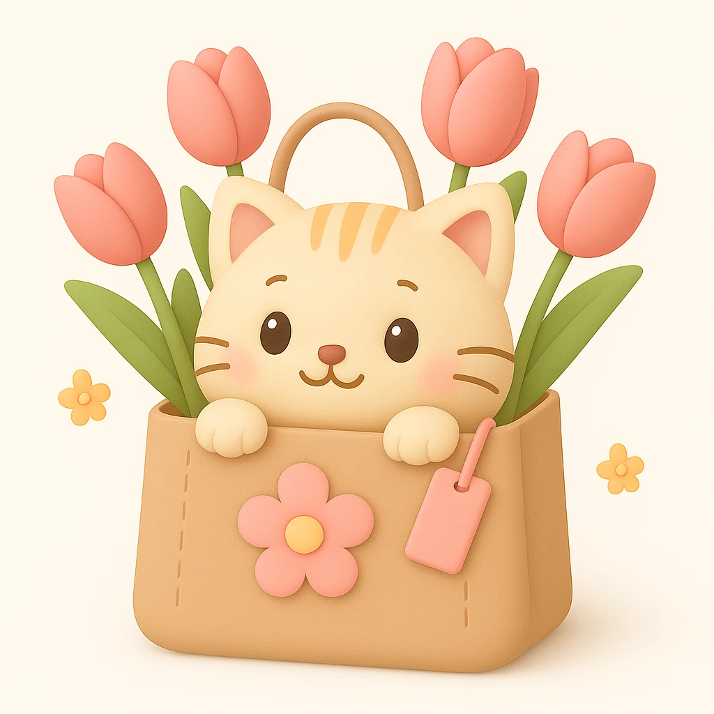 3D style with iOS style elements, cat in a bag with flowers, add a flower to the bag emoji