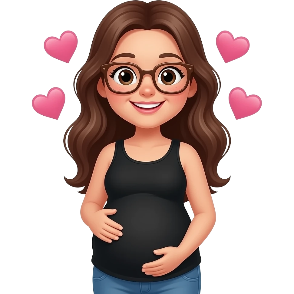 a 19-year-old girl with dimples, red cheeks, a cute pink smile, large square brown glasses, a happy face with hearts around her, a black tank top, long brown wavy hair, the parted hair in the middle, pregnant belly emoji