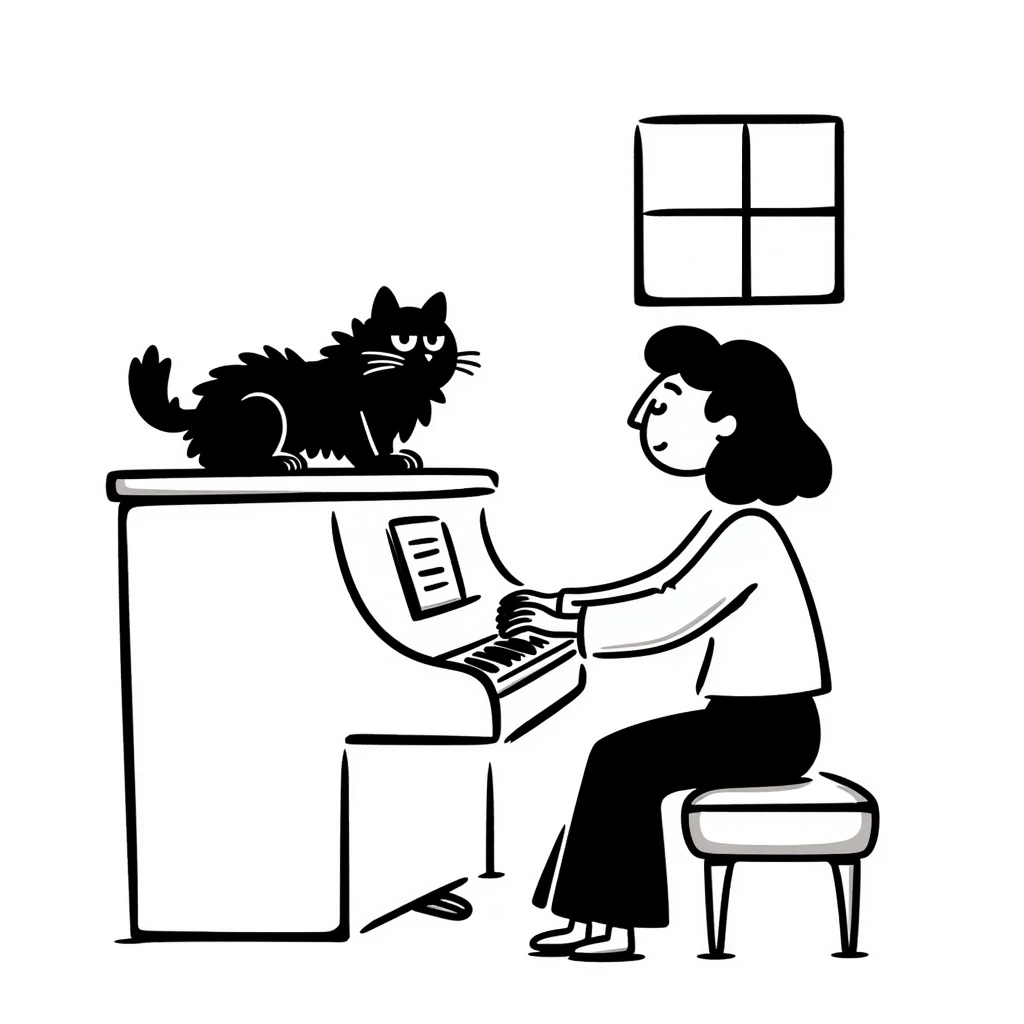 woman playing piano while her cat sits on top of the piano emoji
