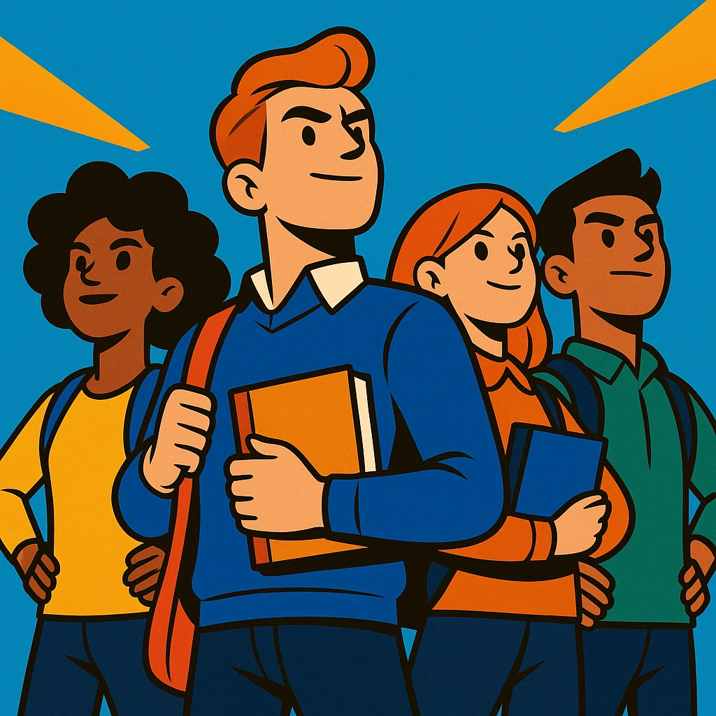 group of confident students standing tall, looking heroic emoji