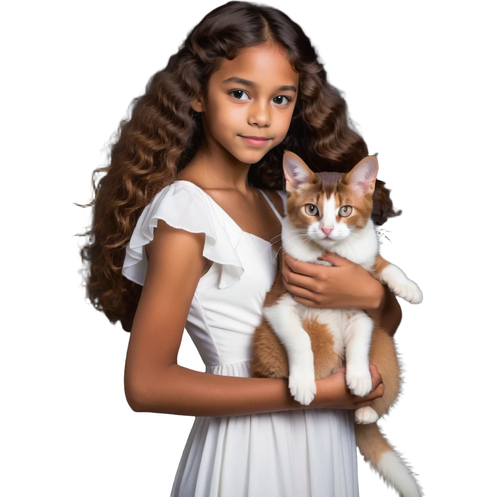 beautiful girl with curly long brown hair wearing a white dress holding an Abyssinian cat with reddish-brown fur in her arms emoji