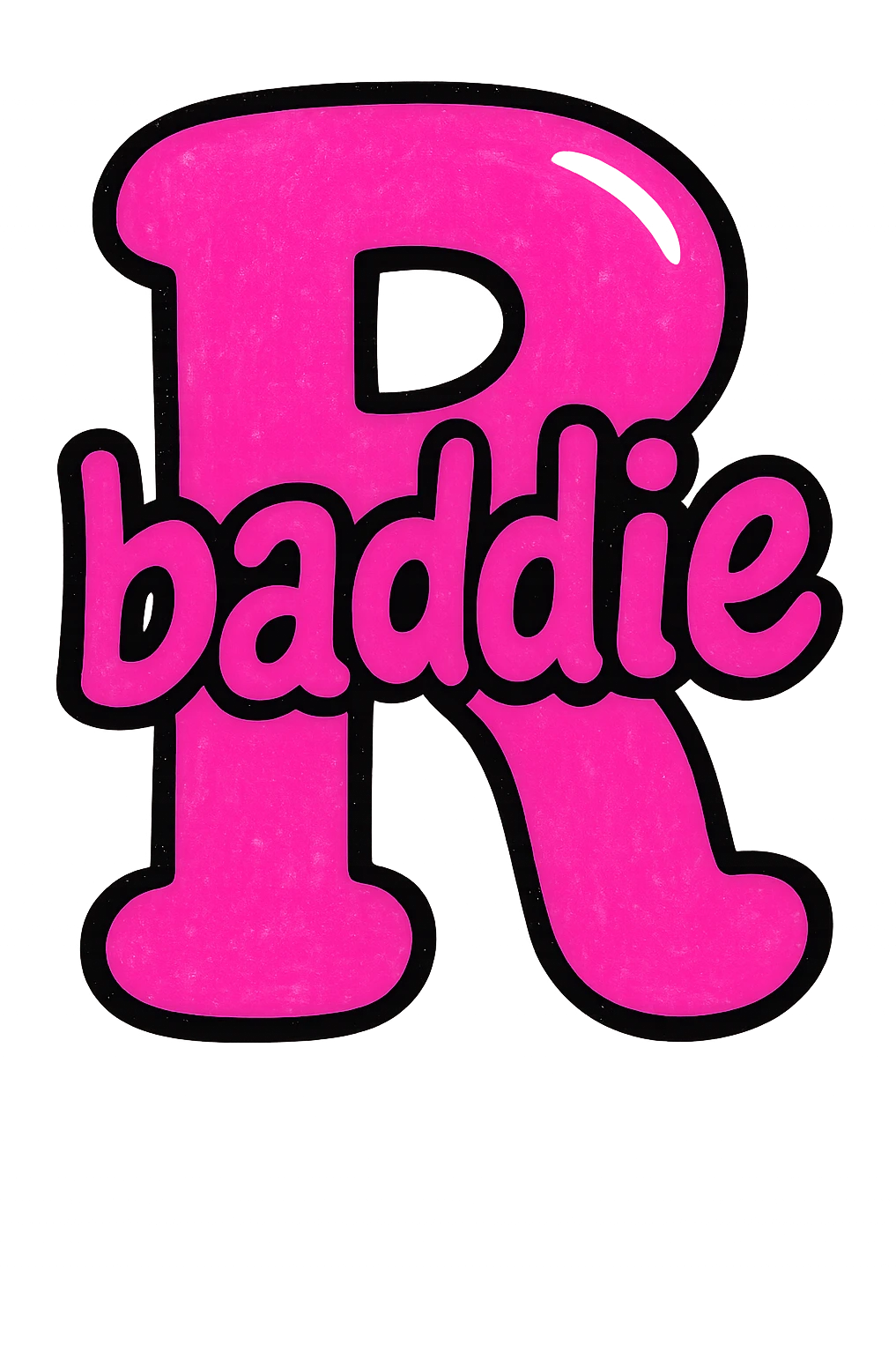 pink bubble letter R with the word 'baddie' written across it, playful bold style emoji