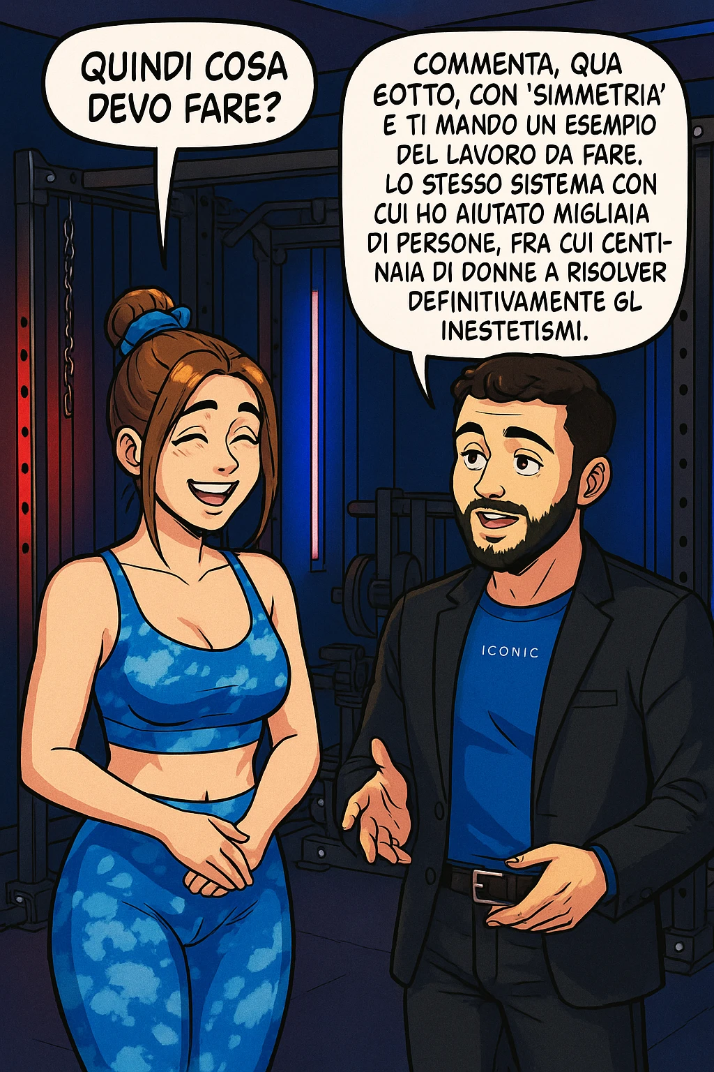 TRASFORMA QUESTO CAROSELLO IN UN FUMETTO STILE WEBTOON/MANGA A COLORI CON QUESTE DUE PERSONE IDENTICHE CHE INTERLOQUISCONO TRA LORO, LA DONNA SEMBRA SOLLEVATA/SODDISFATTA E CONTENTA:

LEI (DONNA): Quindi cosa devo fare?
LUI (UOMO): Commenta, qua sotto, con “simmetria” e ti mando un esempio del lavoro da fare. Lo stesso sistema con cui ho aiutato migliaia di persone, fra cui centinaia di donne a risolvere definitivamente gli inestetismi. emoji