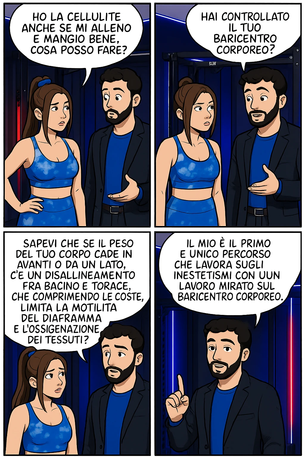 TRASFORMA QUESTO CAROSELLO IN UN FUMETTO CON QUESTE DUE PERSONE IDENTICHE CHE INTERLOQUISCONO TRA LORO:

LEI: Ho la cellulite anche se mi alleno e mangio bene, cosa posso fare?

LUI: Hai controllato il tuo baricentro corporeo?
LUI: Sapevi che se il peso del tuo corpo cade in avanti o da un lato, c’è un disallineamento fra bacino e torace, che comprimendo le coste, limita la motilità del diaframma e l’ossigenazione dei tessuti?
LUI: Il mio è il primo e unico percorso che lavora sugli inestetismi con un lavoro mirato sul baricentro corporeo. emoji
