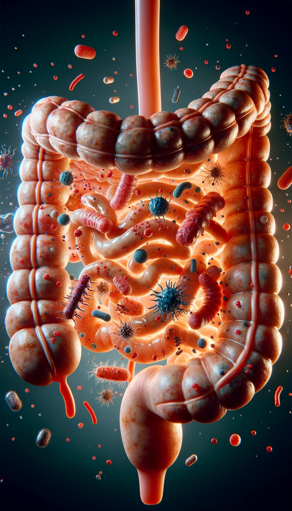 intestino umano realistico con batteri e parassiti che gli fluttuano intorno, iperrealistico 4k emoji