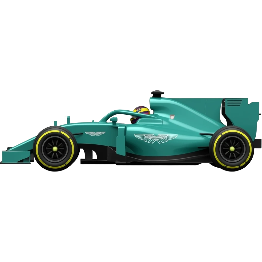 Aston Martin f1 car sideways with the driver in the car wearing a black helmet (no yellow) emoji