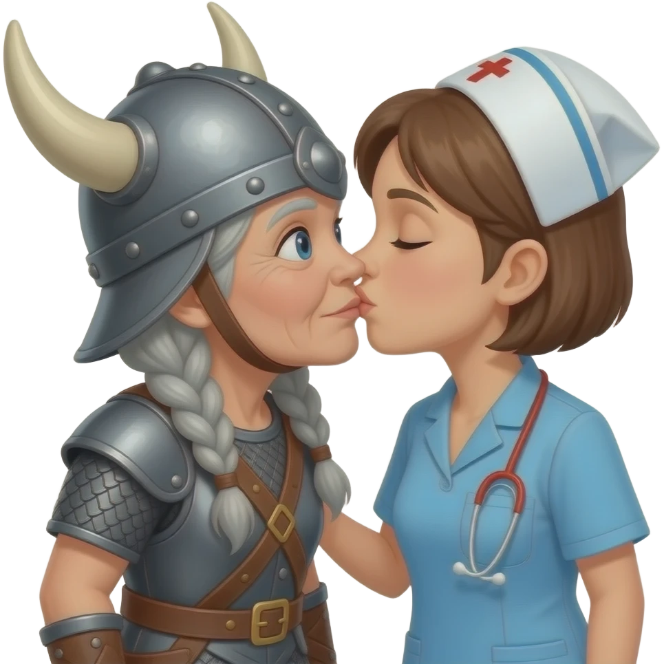Viking helmet gray braids old woman kissing old woman shortest hair brunette old nurse emoji