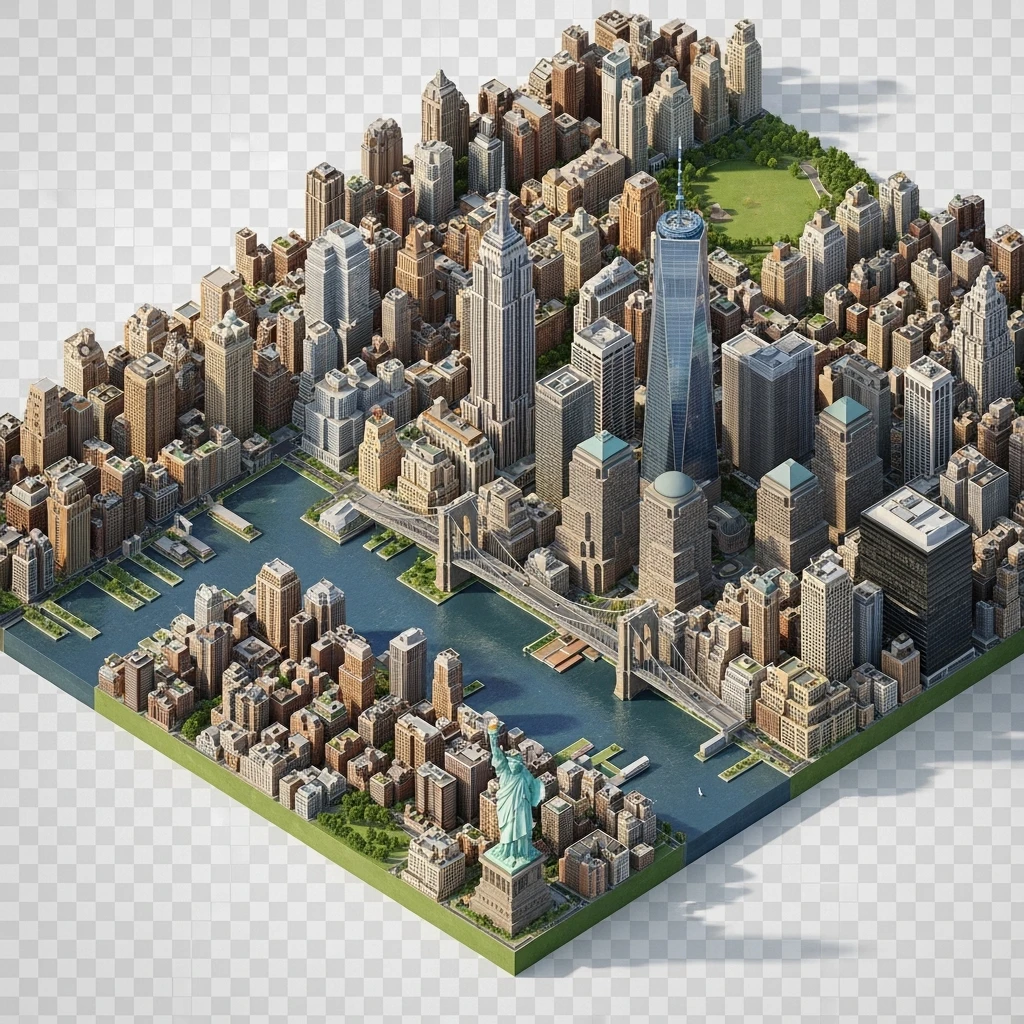 Isometric miniature of New York Сity Empire State Building, One World Trade Center, Statue of Liberty, Brooklyn Bridge, and Central Park chaotic low-rise blocks in outer boroughs 3D miniature effect and Tilt Shift effect, no cartoonish look, transparent background. emoji