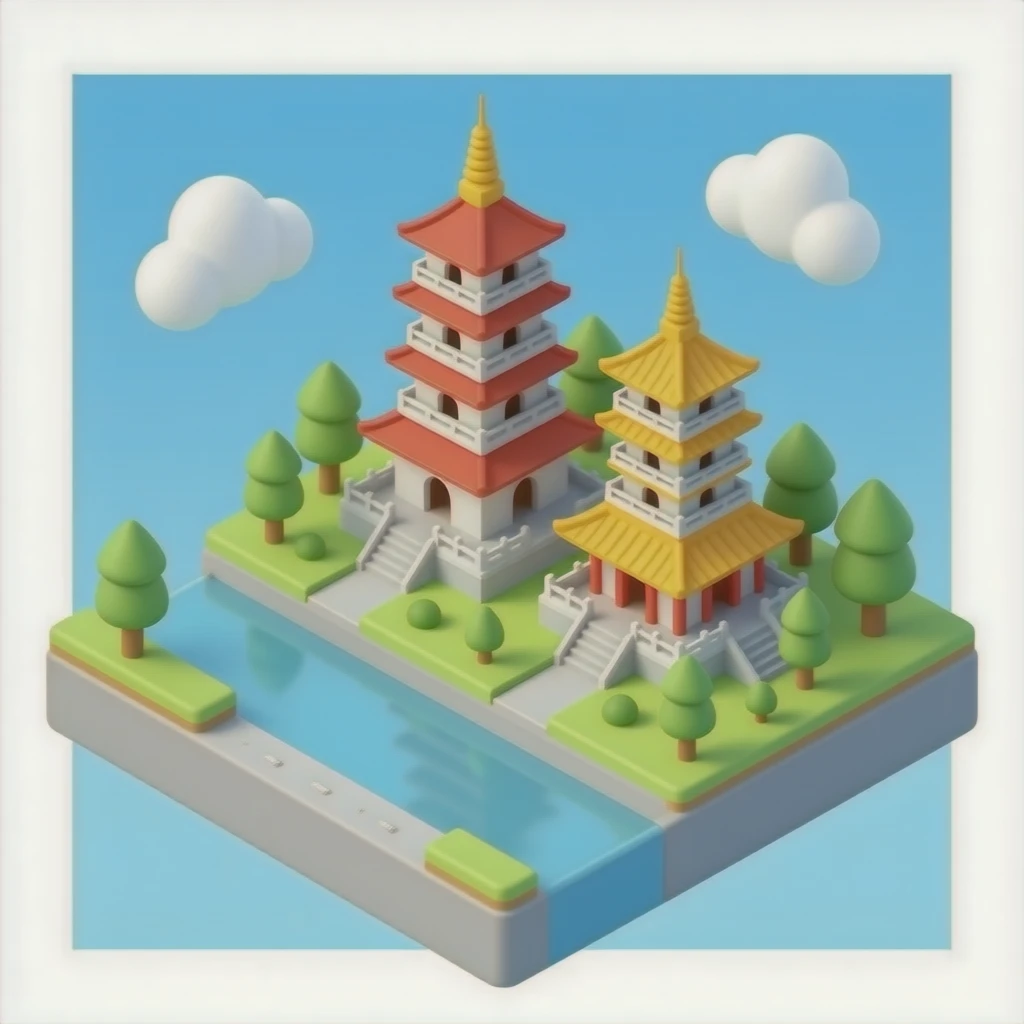 kaohsiung dragon and tiger pagodas 3d isometric miniature emoji