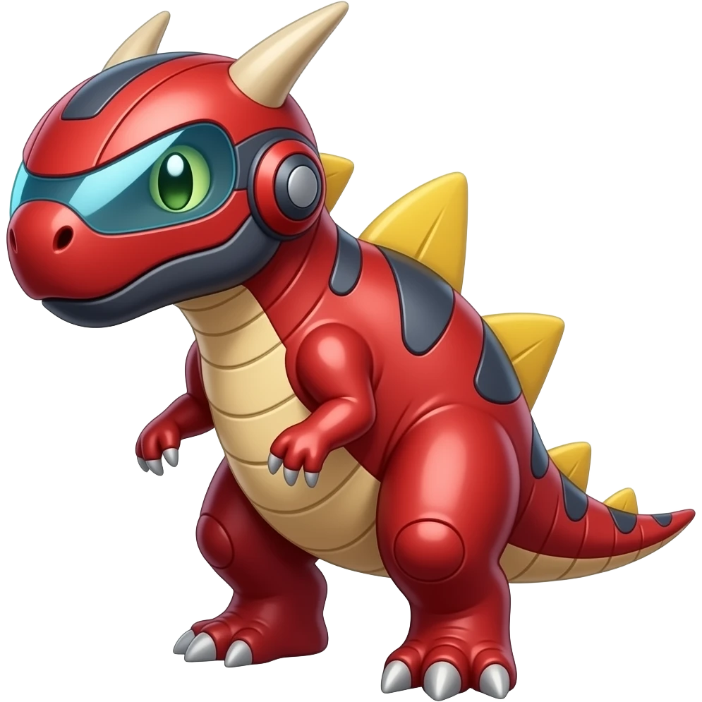 a shiny red Genesect-Flygon-spinosaurus-Fakémon—hybrid with a futuristic visor-helmet full body emoji