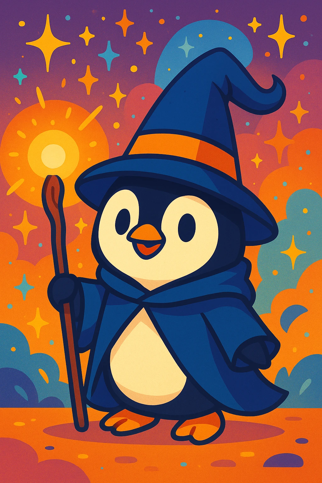 cute penguin dressed as a wizard, wearing a pointed hat and holding a magic staff, in a magical setting, vibrant colors emoji