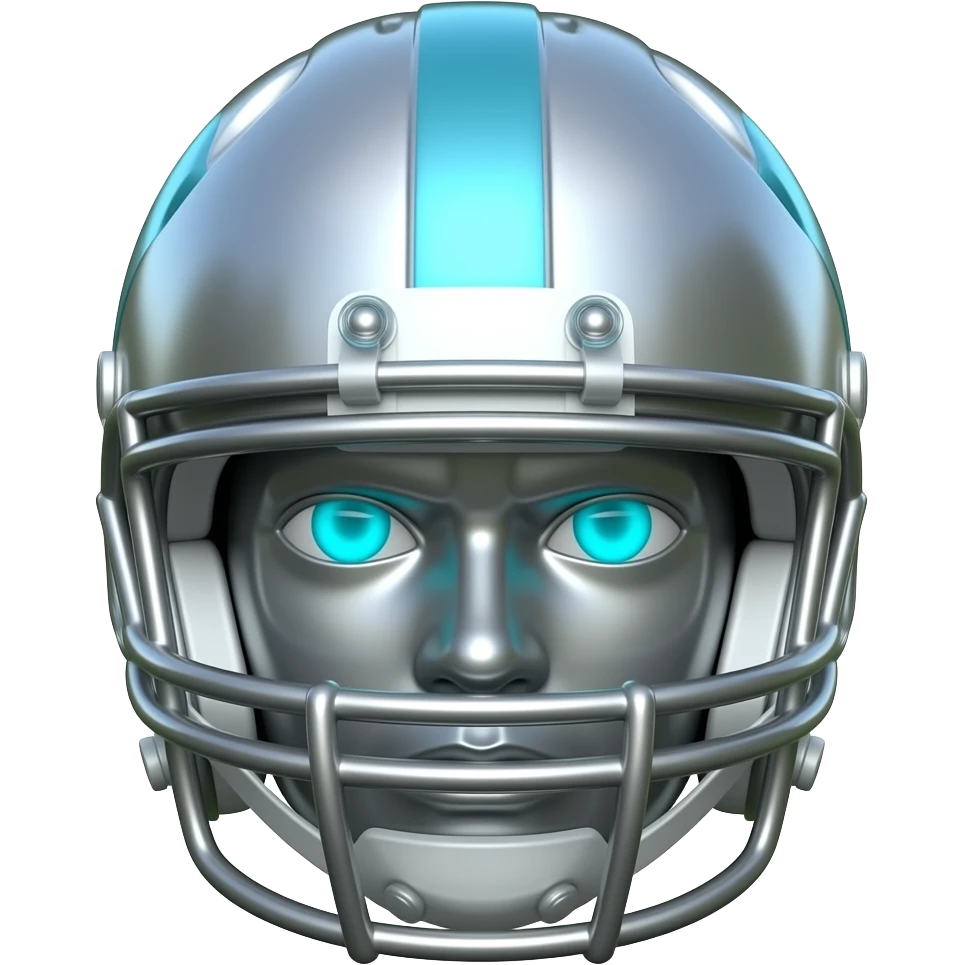"A polished chrome american football statue head, front-facing, serious focused expression, glowing cyan (#00D4B1) eyes, dark background. Metallic reflections with subtle cyan light accents. Clean, no background, emoji style, high detail. The statue represents discipline, focus and self-mastery." emoji