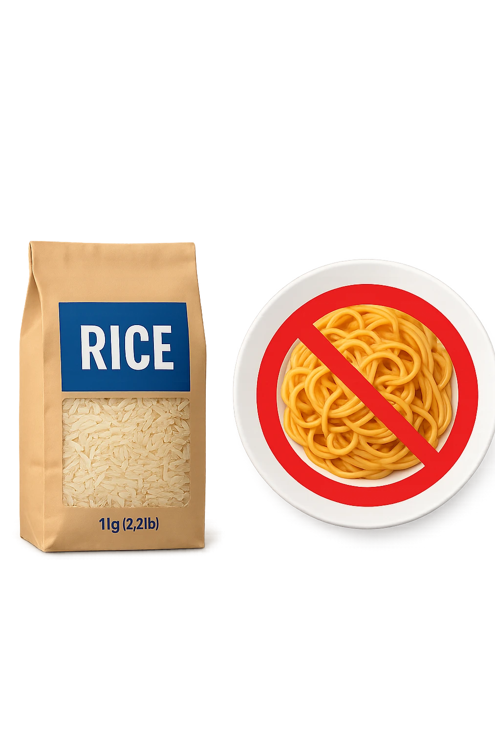 confezione di riso con accanto un piatto di pasta con divieto sopra emoji