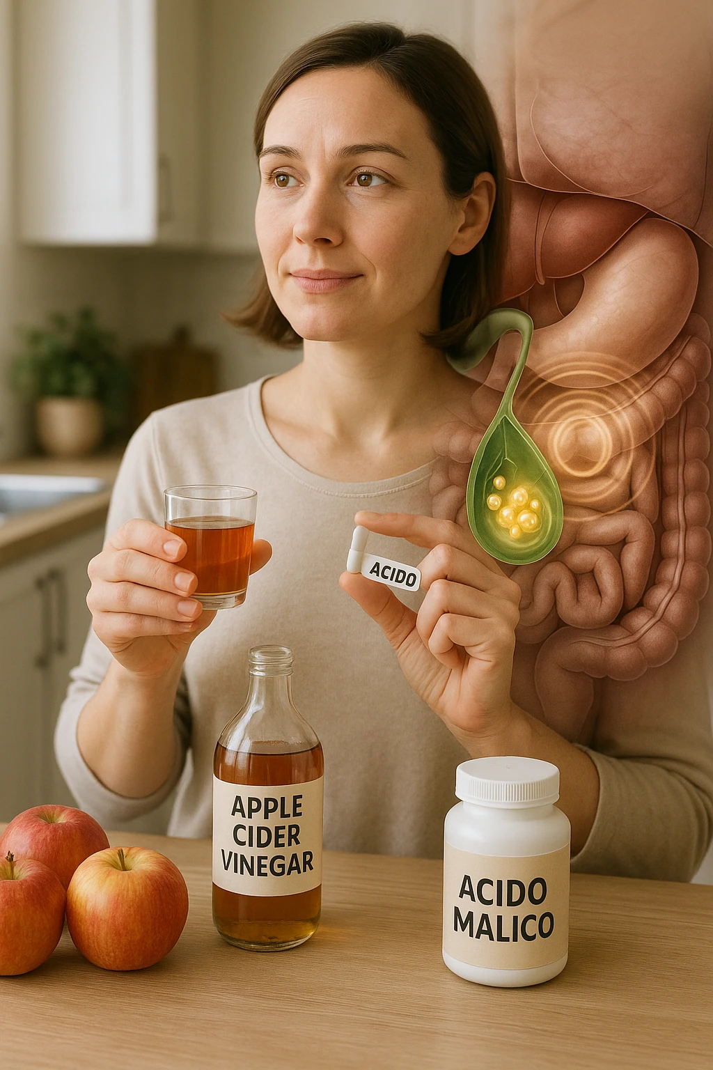 A detailed, realistic illustration or photo-style image showing a person holding a small glass of apple cider vinegar in one hand and a capsule labeled ‘Acido Malico’ in the other. In the foreground or as an overlay, a semi-transparent anatomical view of the abdomen highlights the gallbladder with visible small gallstones inside. Around the gallstones, gentle glowing waves or soft dissolving effects symbolize the softening or breakdown of the stones due to the natural acids. The person looks hopeful and calm, in a bright kitchen setting with fresh apples and natural health products on the counter. The overall mood is informative, natural, and hopeful about non-invasive, natural support for gallstone health emoji