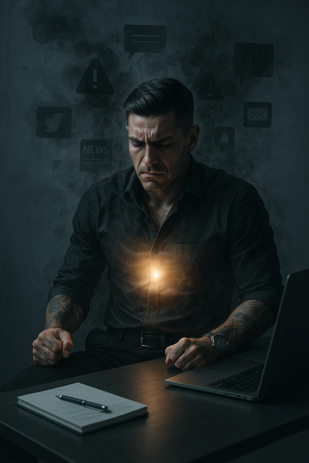 A highly realistic, cinematic image of a young man in his early 30s, sitting at a modern office desk under harsh artificial lighting, shoulders hunched, jaw clenched, and breathing shallowly, symbolizing how modern society forces people to live in a state of chronic tension and restricted breathing. Around him, faint black and grey visual elements represent notifications, deadlines, social media icons, and news alerts, swirling around his head like a chaotic storm, symbolizing societal pressure. His chest appears visually tight and compressed, and faint dark smoke emanates from his body, representing blocked breath and internalized stress. In contrast, a faint glowing light near his chest and abdomen tries to expand, symbolizing the innate desire of the body to breathe freely and deeply. The environment is cold and minimalistic, with a sense of stillness and tension, captured in a hyperrealistic 35mm film style with muted colors, focusing on the man's tense posture and restricted breathing to reflect the unseen burden of modern living. emoji
