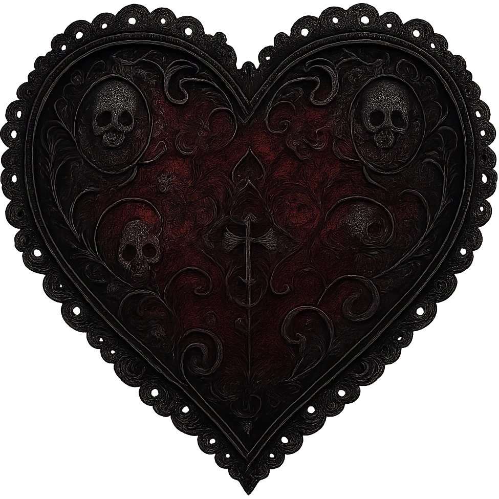 goth heart, black and deep red, ornate lace, subtle skull or cross motif, moody atmosphere, no background emoji