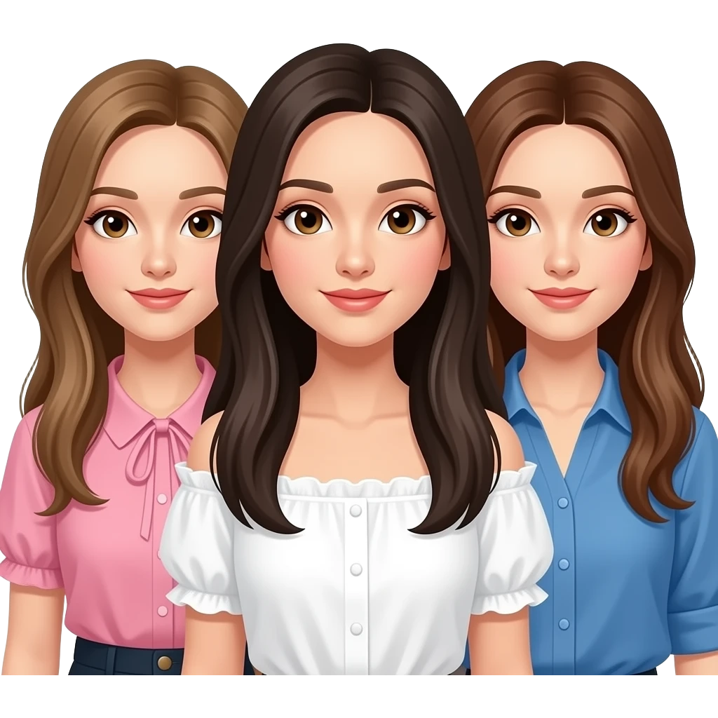 Tres amigas una castaña clarito pelo liso largo ojos marrones con una blusa de volantes rosa,una pelo moreno y liso largo ojos marrones con una blusa de volantes en los hombros blanca,una con pelo liso marrón ojos marrones y una blusa azul. que se les vea bien a las tres emoji