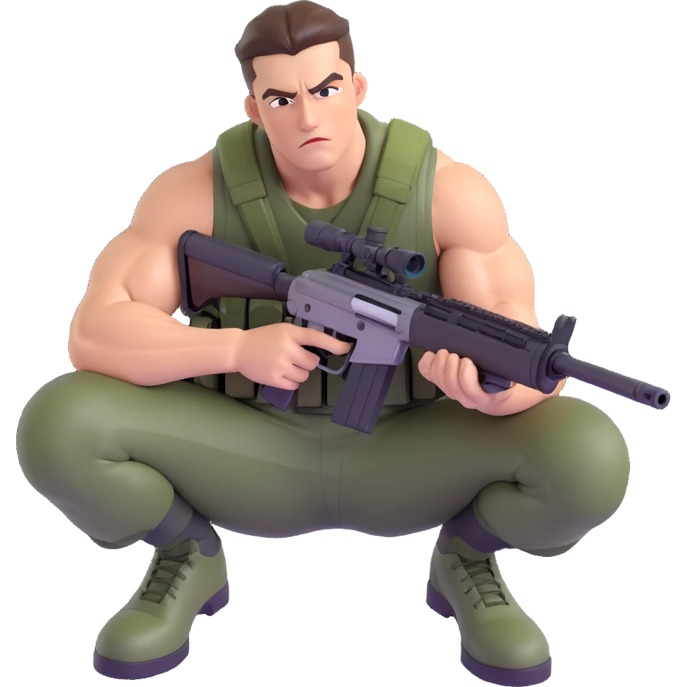 muscular soldier with slicked-back hair, crouched with a sniper rifle, intense expression emoji