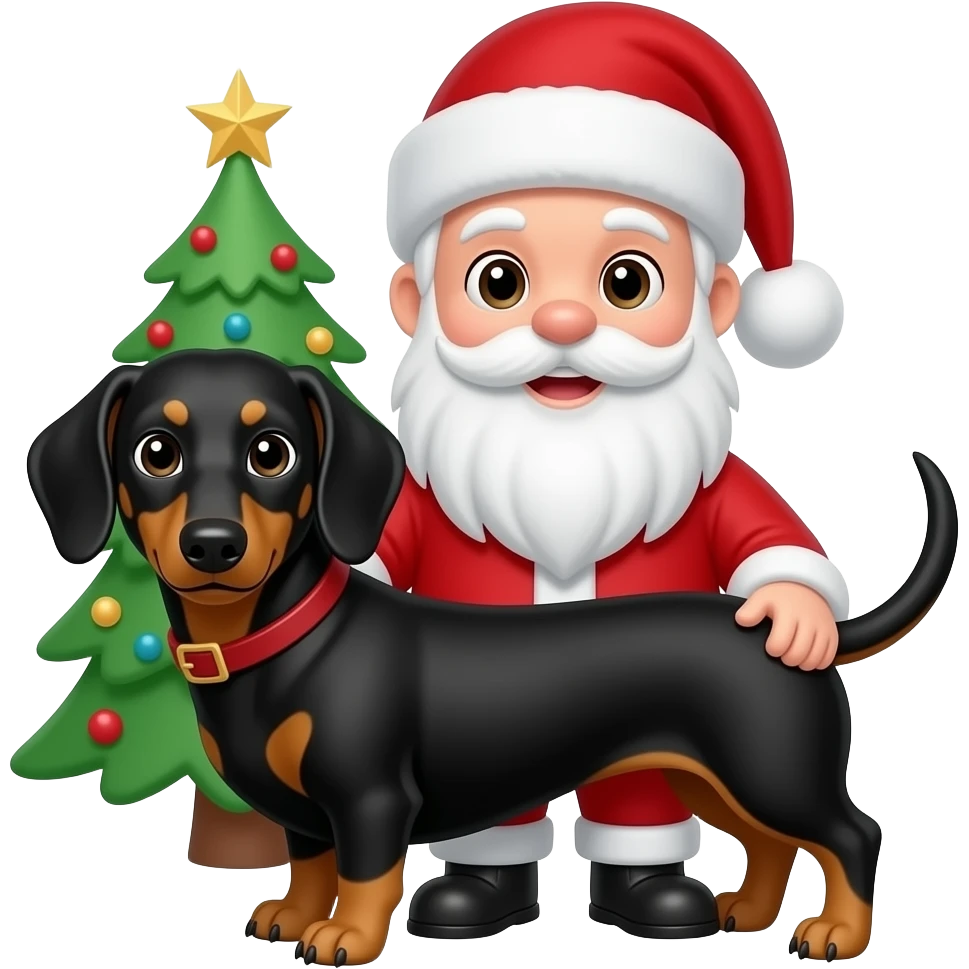 Santa holding 1 black and tan dachshund wearing a Santa hat with Christmas tree in the background emoji