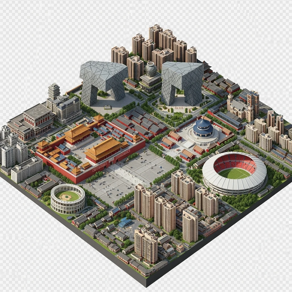 Isometric miniature of Beijing Forbidden City, Tiananmen Square, CCTV Headquarters, Temple of Heaven, Beijing National Stadium and crowded hutong alleys, sprawling apartment blocks, 3D miniature effect and Tilt Shift effect, no cartoonish look, transparent background. emoji