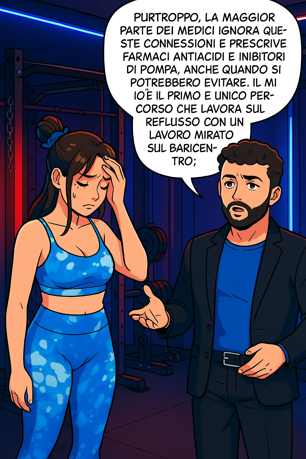 TRASFORMA QUESTO CAROSELLO IN UN FUMETTO STILE WEBTOON/MANGA A COLORI CON QUESTE DUE PERSONE IDENTICHE CHE INTERLOQUISCONO TRA LORO, L'uomo sta spiegando alla donna questo concetto MENTRE LA DONNA SI TIENE la mano sulla fronte sconcertata:

LUI (UOMO): Purtroppo, la maggior parte dei medici ignora queste connessioni e prescrive farmaci antiacidi e inibitori di pompa, anche quando si potrebbero evitare.
Il mio è il primo e unico percorso che lavora sul reflusso con un lavoro mirato sul baricentro; emoji