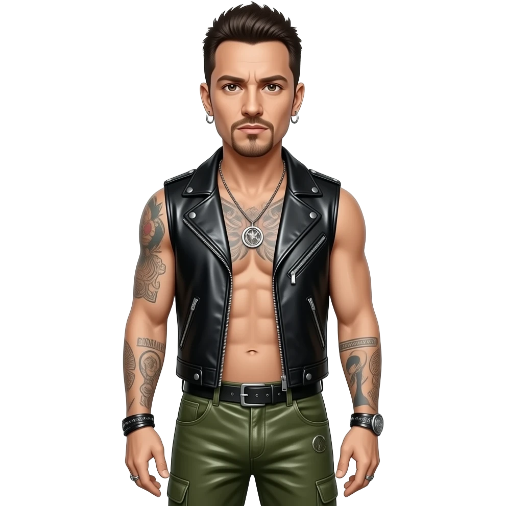 Chester Bennington with brown eyes, dark brown hair, black metallic vest, olive green metallic baggy loose pants, shirtless with necklace and earrings emoji