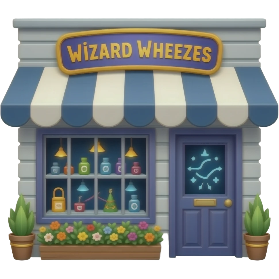 Weasleys’ Wizard Wheezes shop emoji, Apple style, clean 3D, soft gradients, whimsical colorful magic shop, striped facade, playful details, minimal icon, centered, white background, high detail emoji