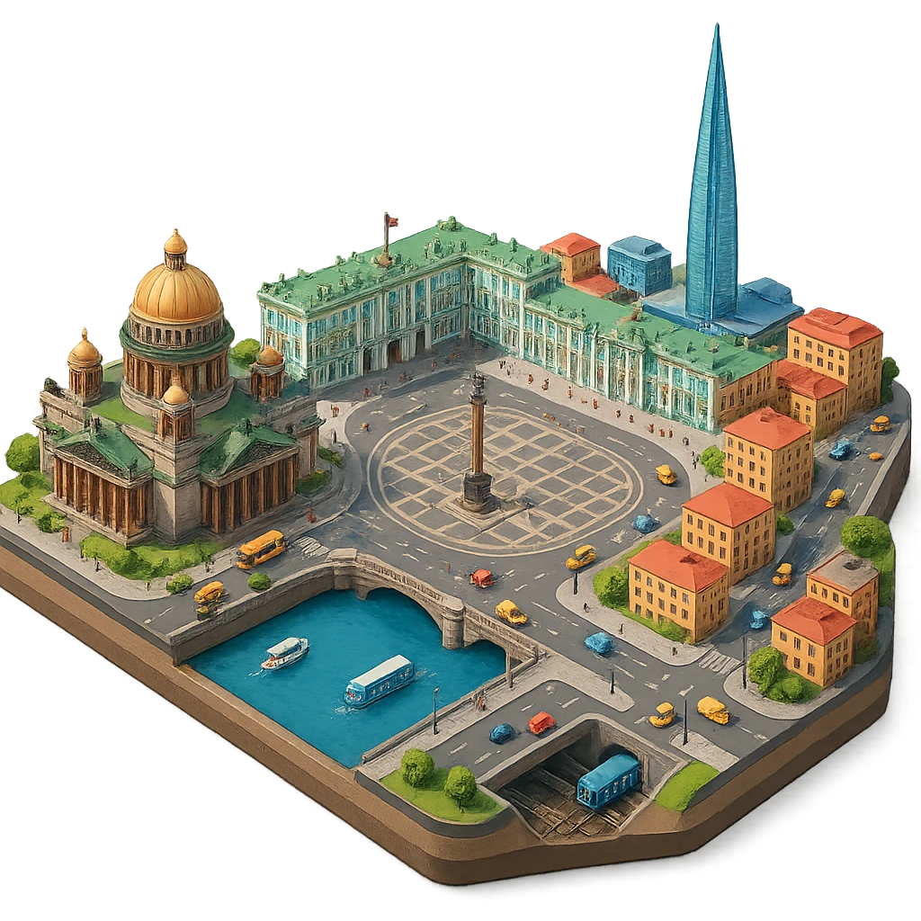 Изометричная миниатюрная фотореалистичная 3D модель Санкт-Петербурга на подставке - Исаакиевский собор, Дворцовая площадь, Зимний дворец и другая центральная часть города, Лахта-центр, четкая детализация, яркие цвета, мультяшный реализм, люди, автотранспорт и метро, компактная композиция, вид сверху в изометрии, прозрачный фон emoji