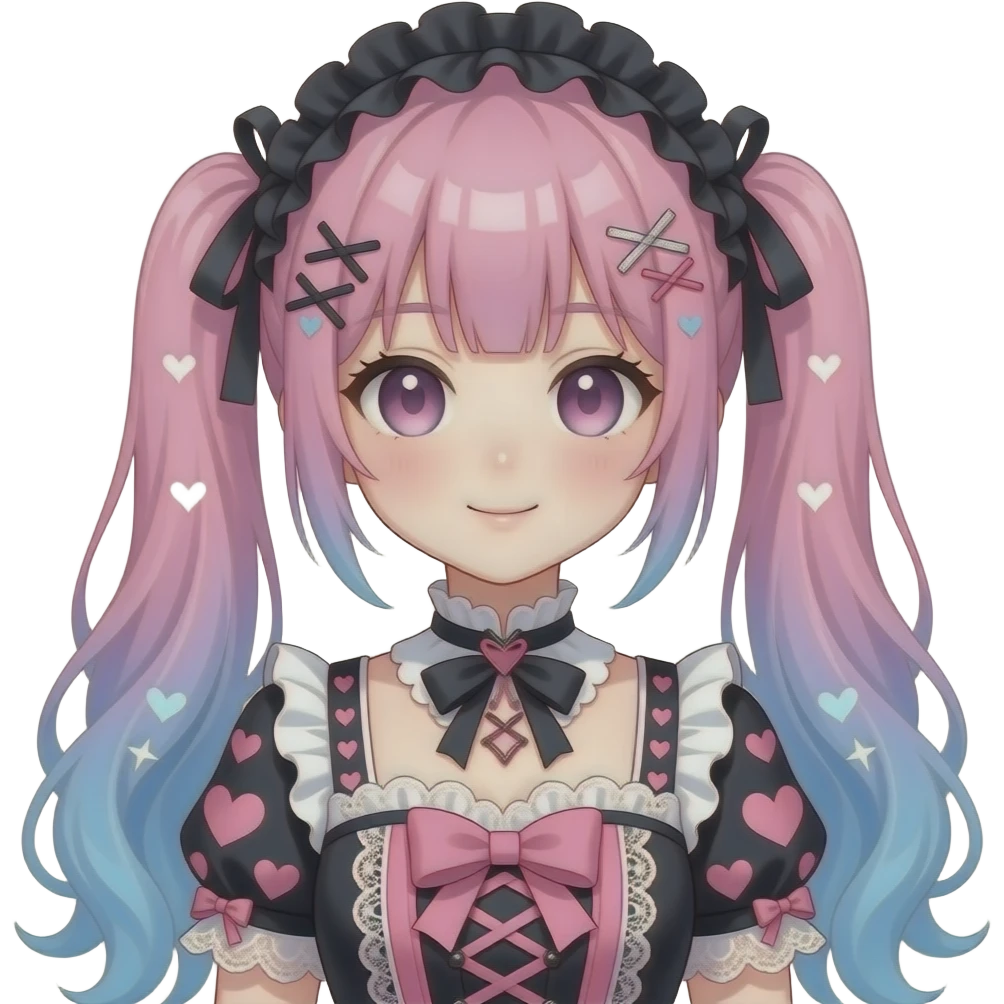 Cute colorful trendy aesthetic pretty anime woman lady with Lolita, gothic, fringes, laces, heart patterns, ribbons, emoji