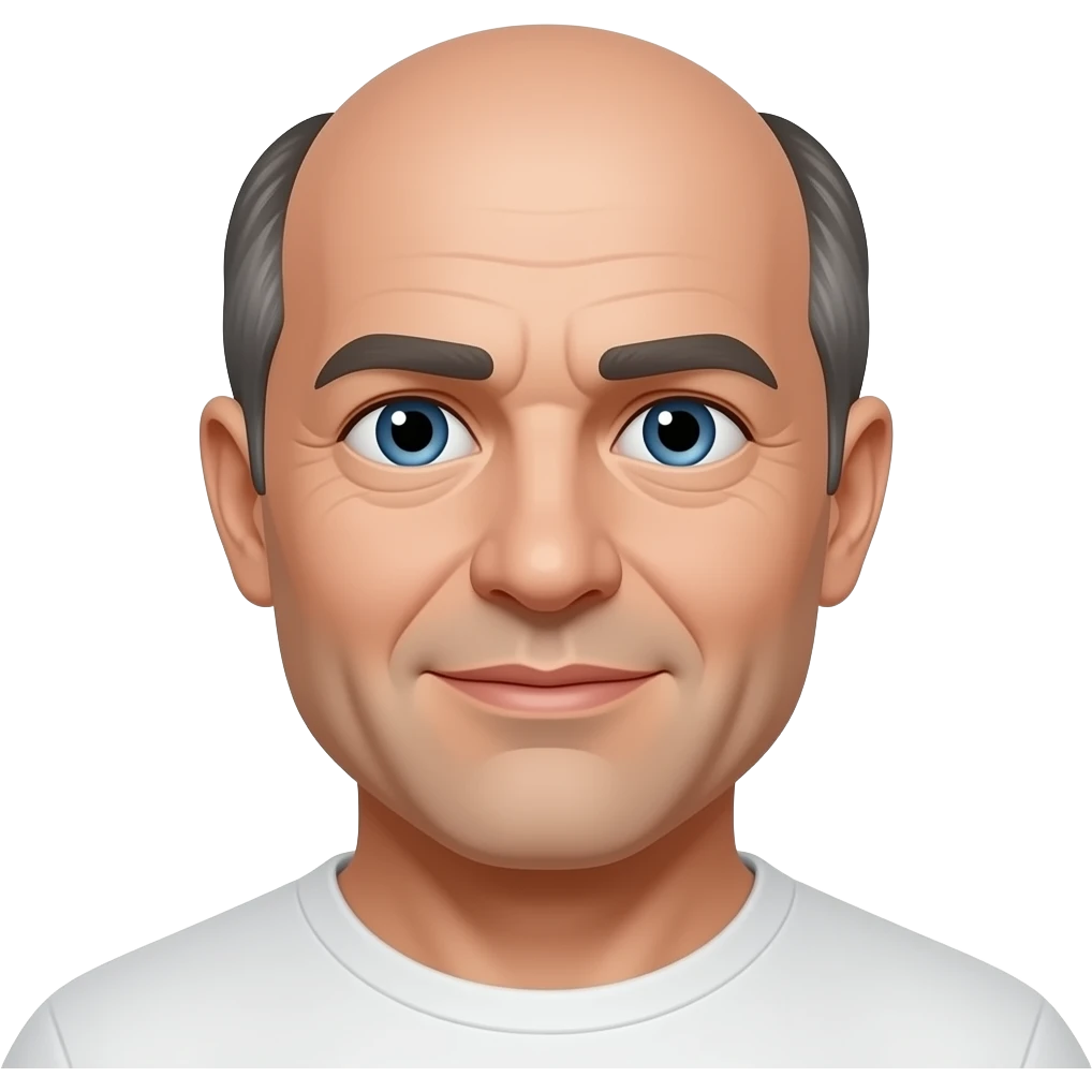 man in 50s bald on top, hair on sides, no facial hair, blue eyes, round face emoji