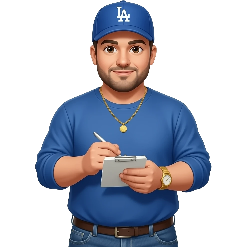 Chubby man with brown eyes and light honey skin tone and lightly shaved black beard wearing a blue Los Angeles Dodgers logo baseball cap wearing a long sleeve blue shirt wearing a gold tennis necklace and a gold wrist watch wearing denim jeans writing notes emoji