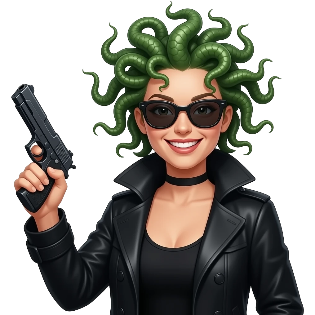 Laughing beautiful female Medusa in black coat with sunglasses holding gun emoji