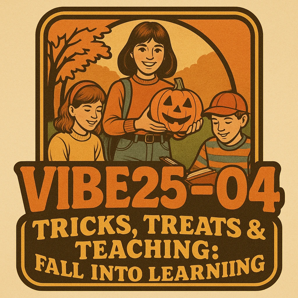 Create a logo that encompasses a retro 80's feel, nostalgic, ALSO RETRO.  Add the words "VIBE25-04: Tricks, Treats & Teaching: Fall Into Learning" emoji