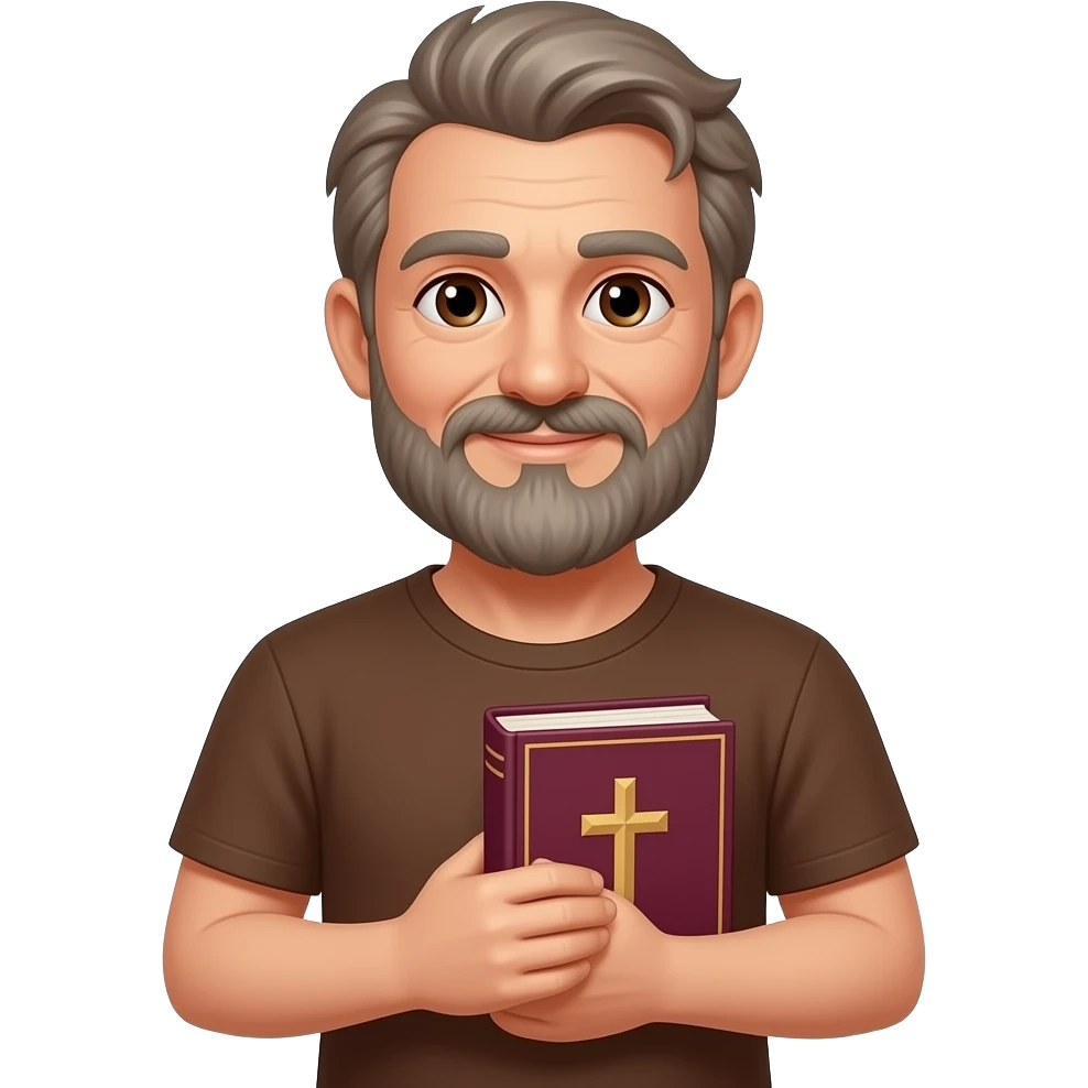 wise old man with grey brown hair and beard brown tshirt slight smile brown eyes with burgundy book that has a cross on it no circle emoji