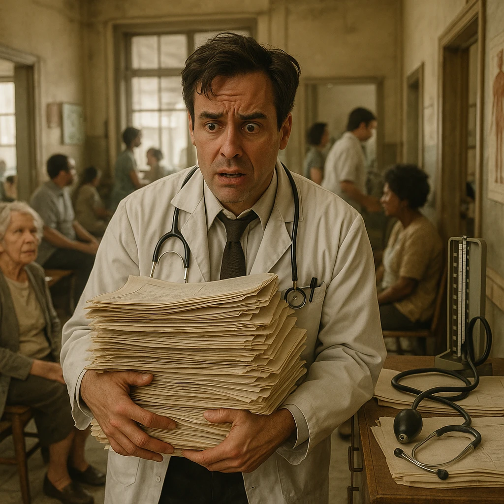 A stressed doctor with a stack of paper charts, busy with many patients, clinic lacking modern technology, old-fashioned medical tools emoji