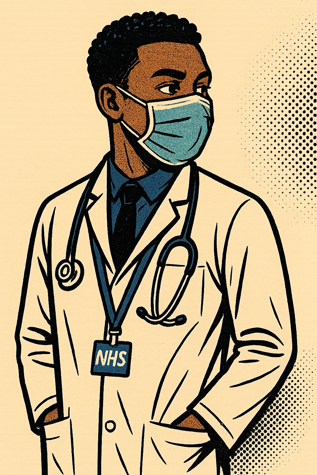 the full body of a young make black doctor from 2020 wearing a face mask.  He is looking calm. he is also wearing an NHS lanyard around his neck and facing RIGHT emoji