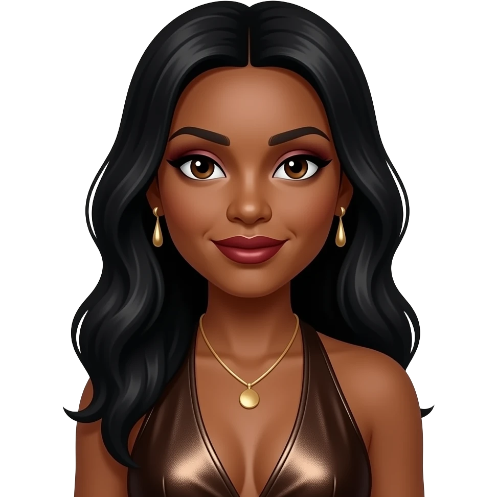 Brandy Norwood with dark brown eyes, long black hair, dark red eyeshadow and lipstick, dark brown metallic halter dress, earrings emoji