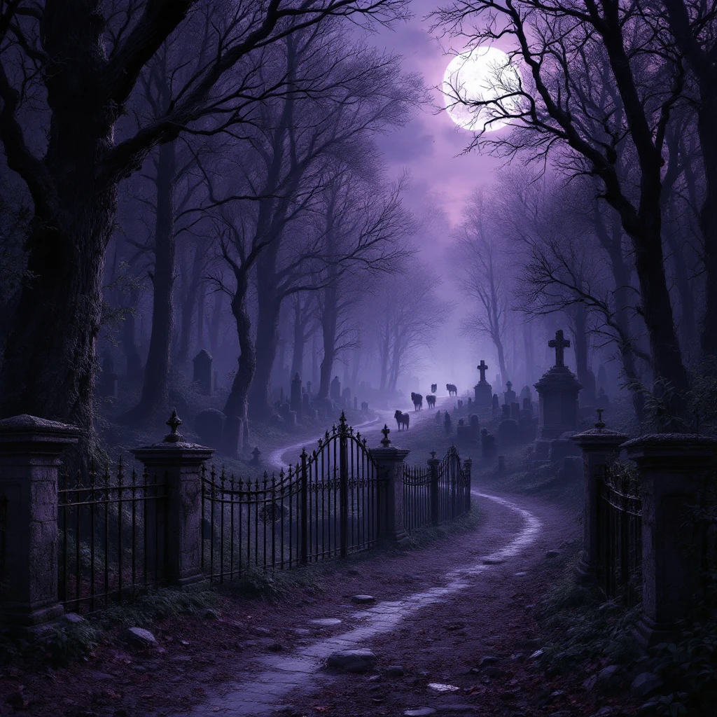 a fantasy dark forest, haunted, graveyard, iron fences and stonework, trees, wolves in the distance, thick woods, deep dark purple myst emoji