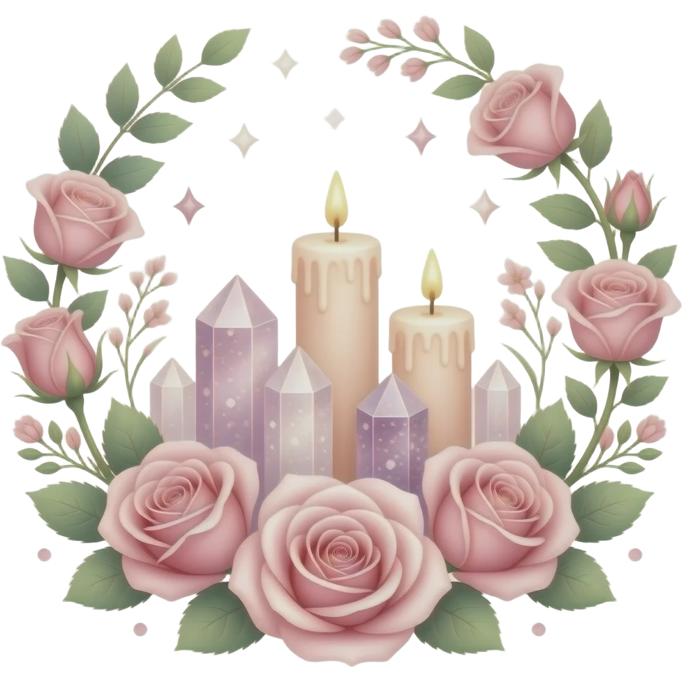 Aesthetic scenic romantic pastel roses pastels beautiful gorgeous holy divine spiritual pretty elegant sparkly shiny scene of Candles, flowers, plants leaves, rose quartz crystals, scenic aesthetic scenery Transparent background emoji