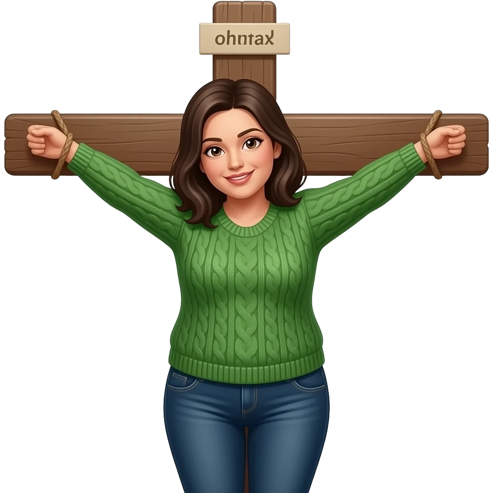 Dark haired woman with shoulder length hair, plus size, with brown eyes being crucified in green sweater and jeans dark wash. On cross emoji