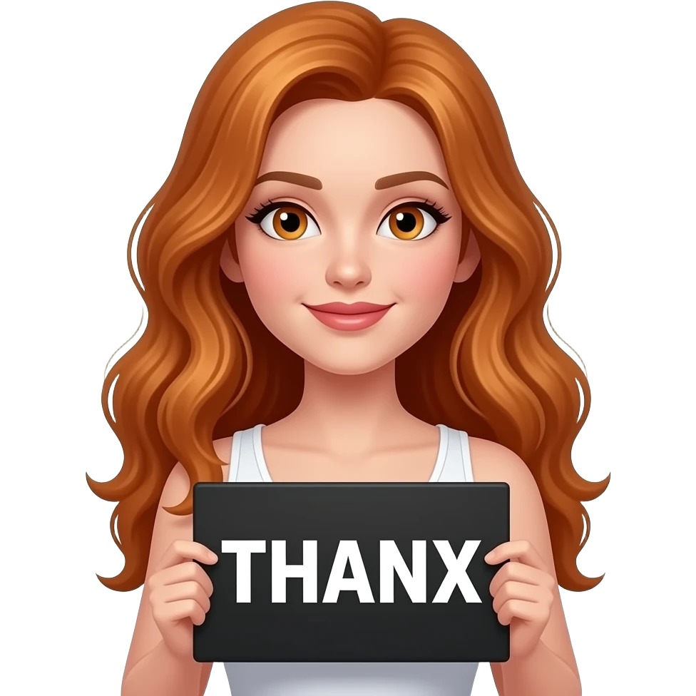 sexy girl with long wavy ginger hair and ginger eyes wearing a white tanktop is holding a black colored sign with THANX written on it emoji