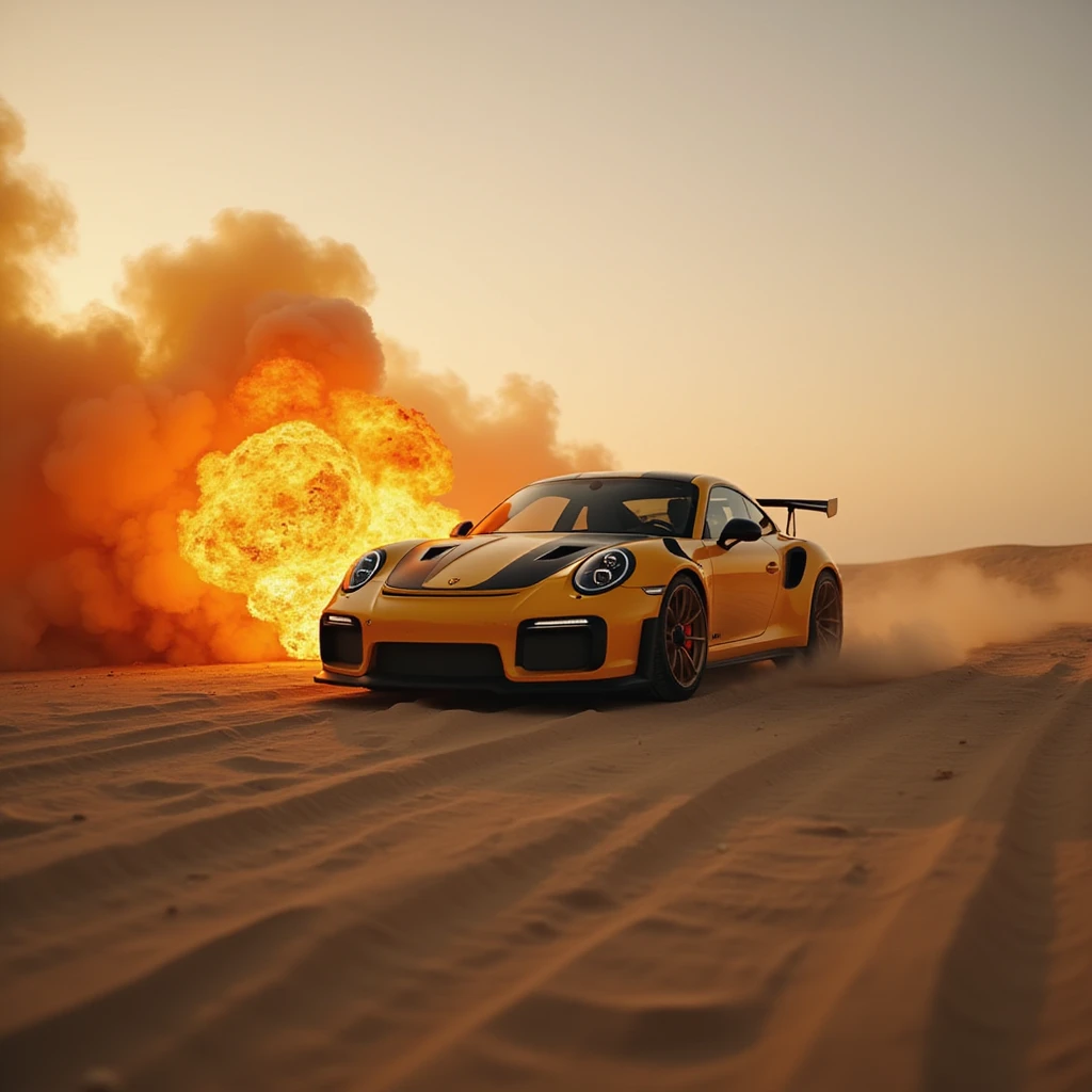 Cinematic shot, Porsche 911 gt3 rs in fire, desert, sunny day, dubai in background emoji