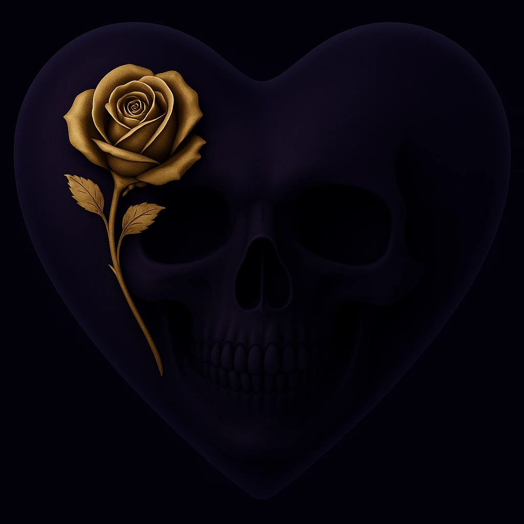 Change the heart to a purple-black gradient while keeping the gothic rose accent and subtle skull motif, mysterious and gothic. Maintain the gothic and mysterious style in the image. emoji