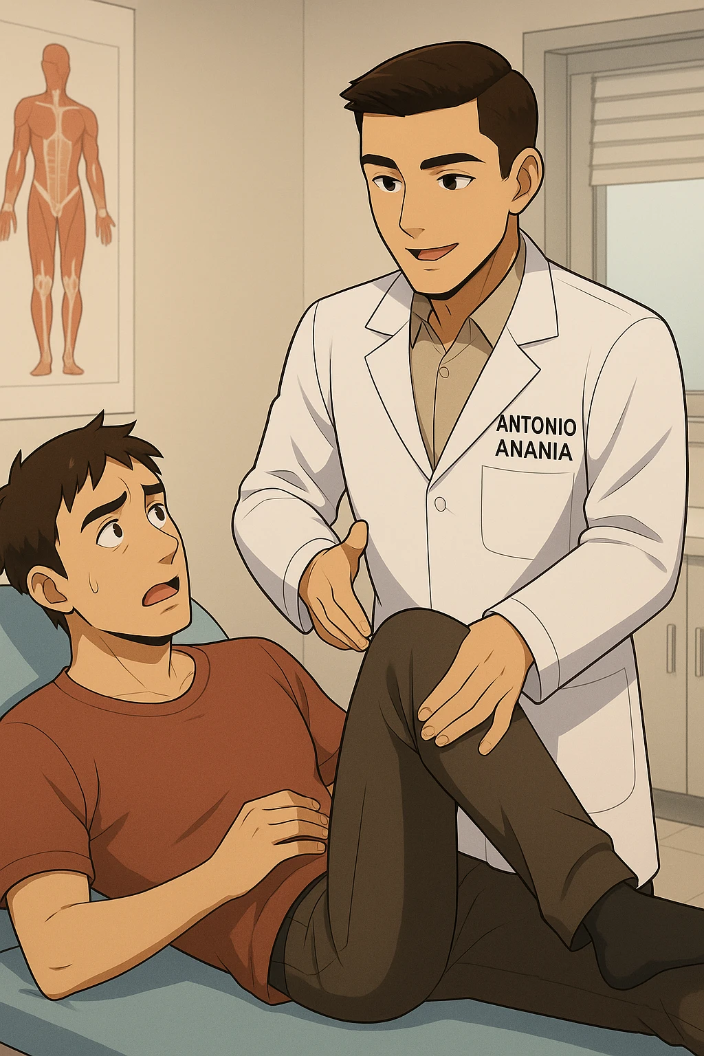 fai un webtoon manga a colori con questo stile, in cui un uomo è steso sul lettino medico e il kinesiologo con il camice bianco (fagli anche la scritta "ANTONIO ANANIA" SUL CAMICE, gli solleva una gamba per fargli il test neuromuscolare, IL KINESIOLOGO SPIEGA ALL'UOMO UNA cosa mentre gli alza la gamba. non fare i fumetti però, fai solo in modo che sembri stiano parlando emoji