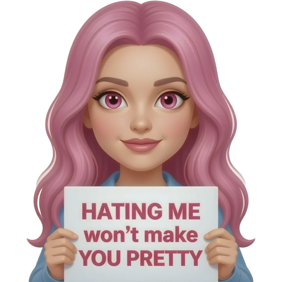 sexy girl with long pink hair and pink eyes holding a HATING ME won't make YOU PRETTY sign emoji